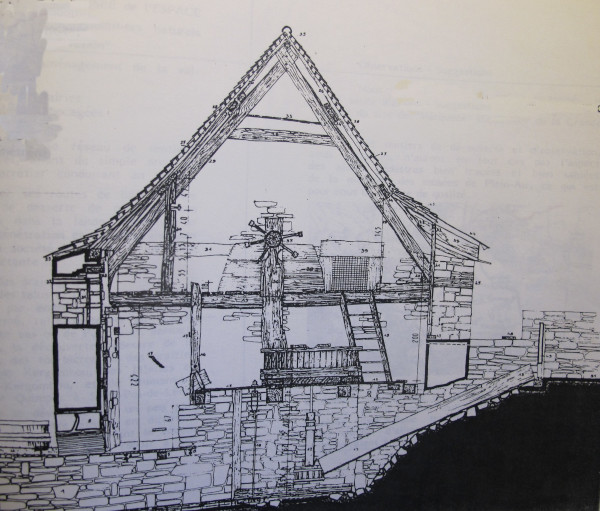 Plan du moulin du Pont-Glas levé par Jacques Oulc’hen, pour soutenance de diplôme architecte, présidée par Yves Poho en 1985